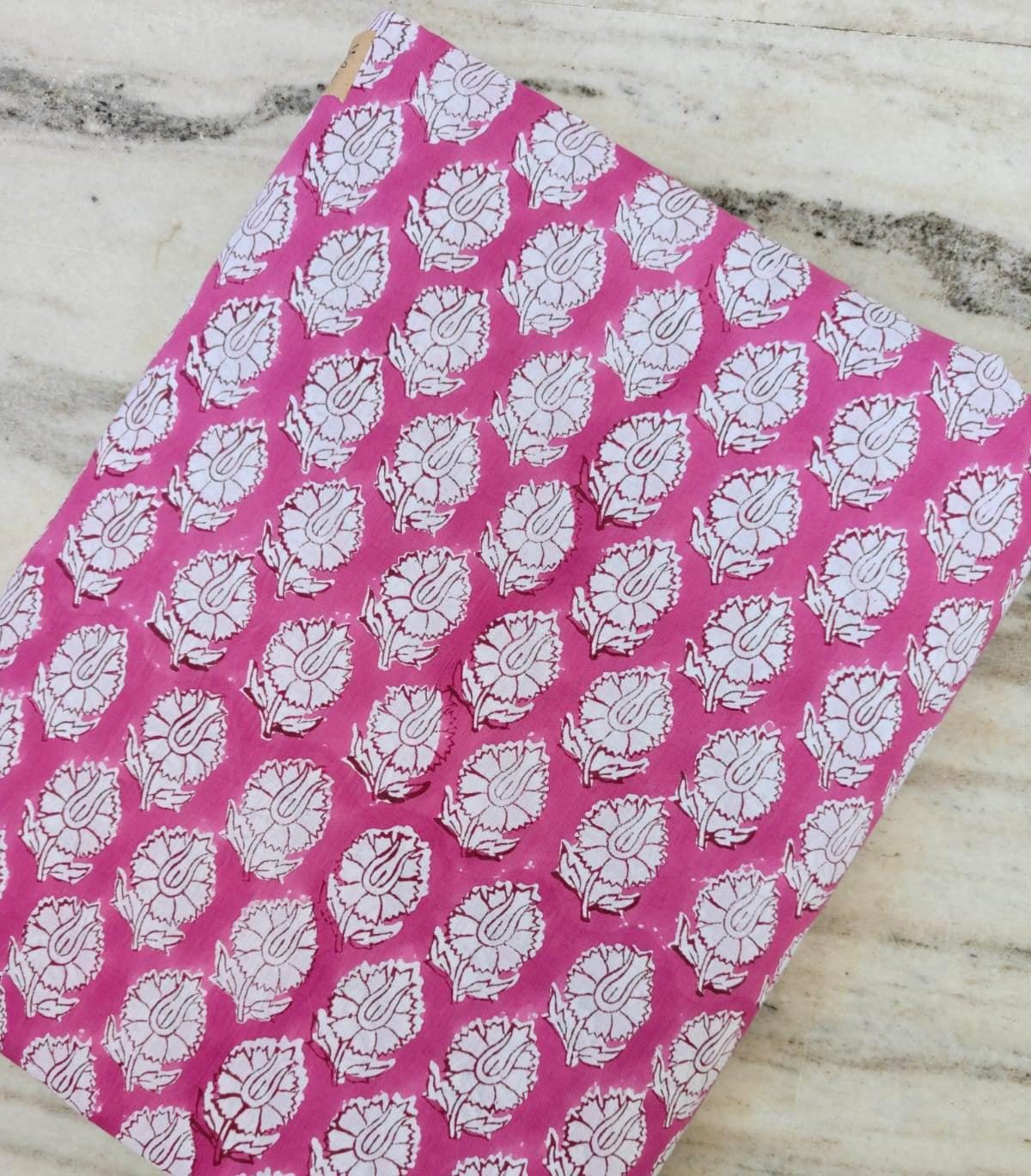 Hot Pink Hand Block Print Cotton Fabric White Floral Indian Textile, Bulk Fabric Supply Dressmaking Quilting Craft Upholstery Fabric by Yard
