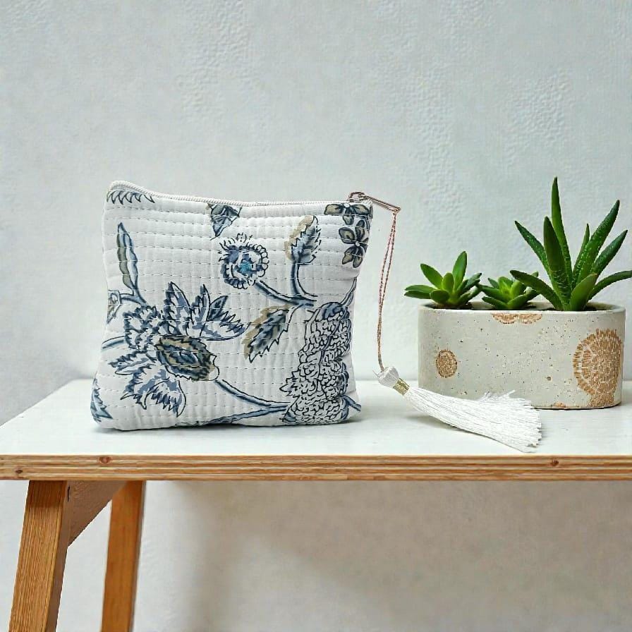Mini Quilted Floral Pouch | Boho Zipper Bag | Small Makeup or Jewelry Pouch | Artisan Quilted Pouch | Gift for Her | Zipper Tassel Pouch