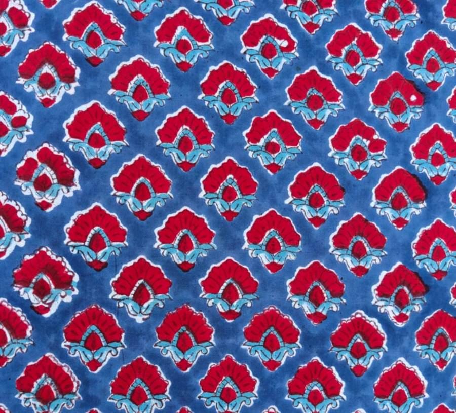 Blue Red Floral Cotton Fabric by Yard, Indian Block Print Cotton Fabric, Boho Floral Fabric, Quilting Sewing Fabric Dressmaking Craft Cotton