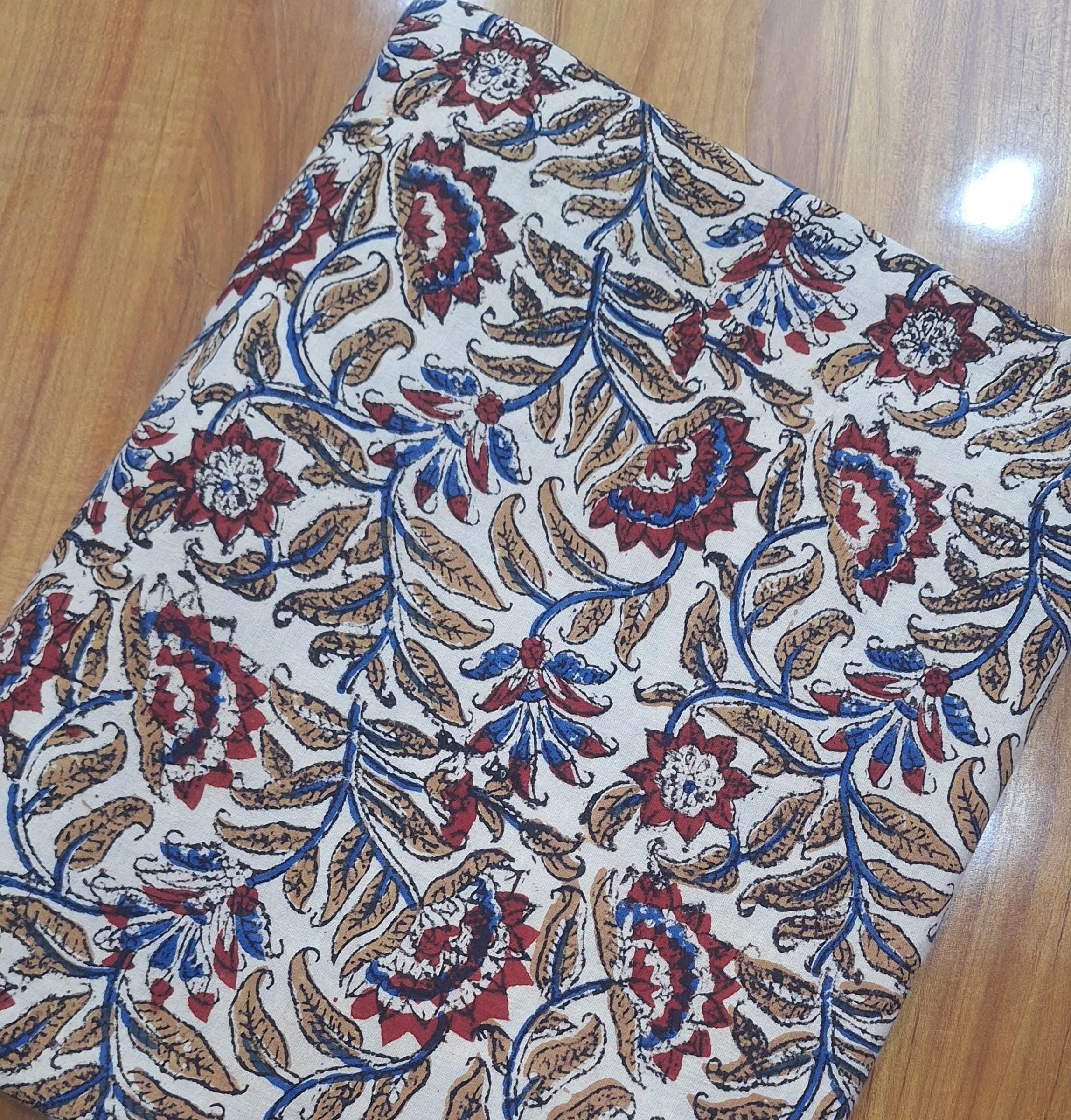Beige Floral Cotton Fabric | Indian Block Print Fabric | Boho Botanical Textile | Red Blue Floral Pattern | Vintage Style Sewing Fabric