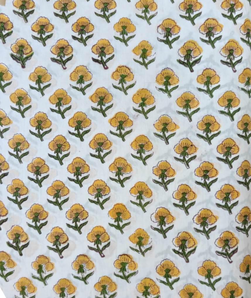 Indian Hand Block Print Cotton Fabric, Yellow Floral Buti Print Fabric, Jaipur Cotton Textile, Small Flower Botanical Fabric for Sewing Gift