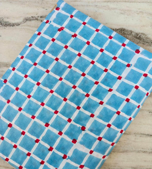 Blue Checkered Cotton Fabric by Yard, Geometric Grid Print Fabric, Hand Block Print Cotton Material, Quilting Dressmaking Home Decor Fabric
