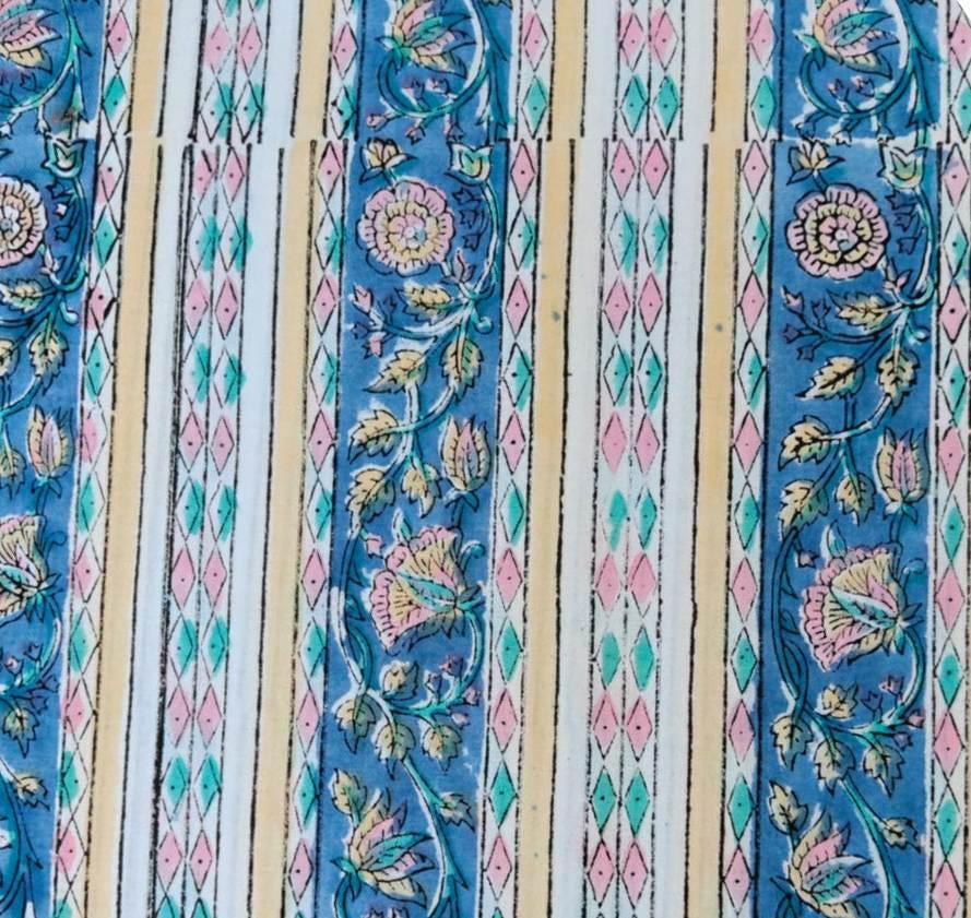 Blue, Pink & Yellow Stripe Indian Hand Block Print Fabric, Floral 100% Cotton Quilting Fabric By The Yard Fabric Dress Making Running Fabric