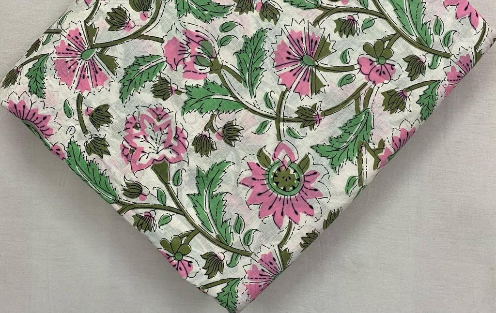 Pink and Green Floral Cotton Fabric, Vintage Style Botanical Print, Quilting Cotton, Soft Craft Fabric, Dressmaking Material by the Yard