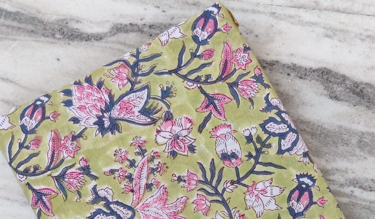 Soft Cotton, Indian Hand Block Print Fabric, Floral 100% Cotton Fabric By The Yard, Fabric for Loose Running, Dress Making, Textile Fabric