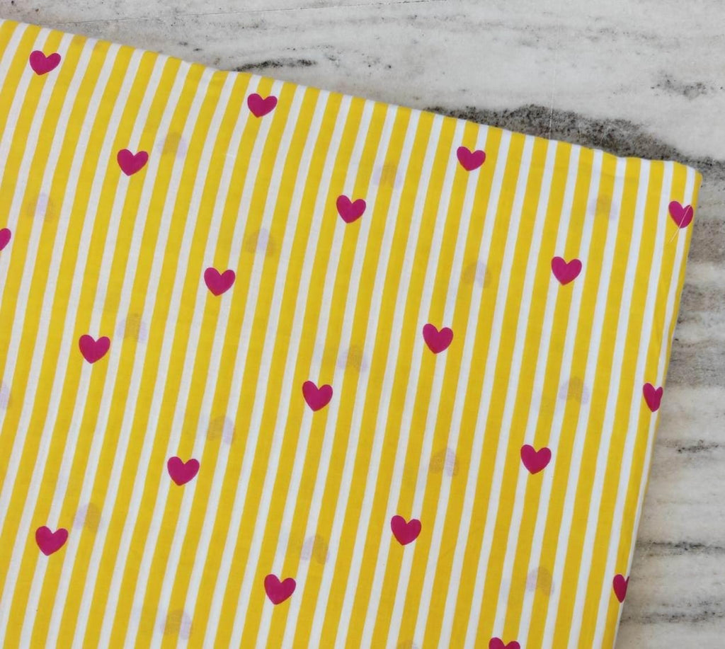 Yellow Stripe Heart Cotton Fabric, Pink Heart Print Fabric by the Yard, Cute Valentine Fabric for Quilting Sewing Modern Love Pattern Fabric