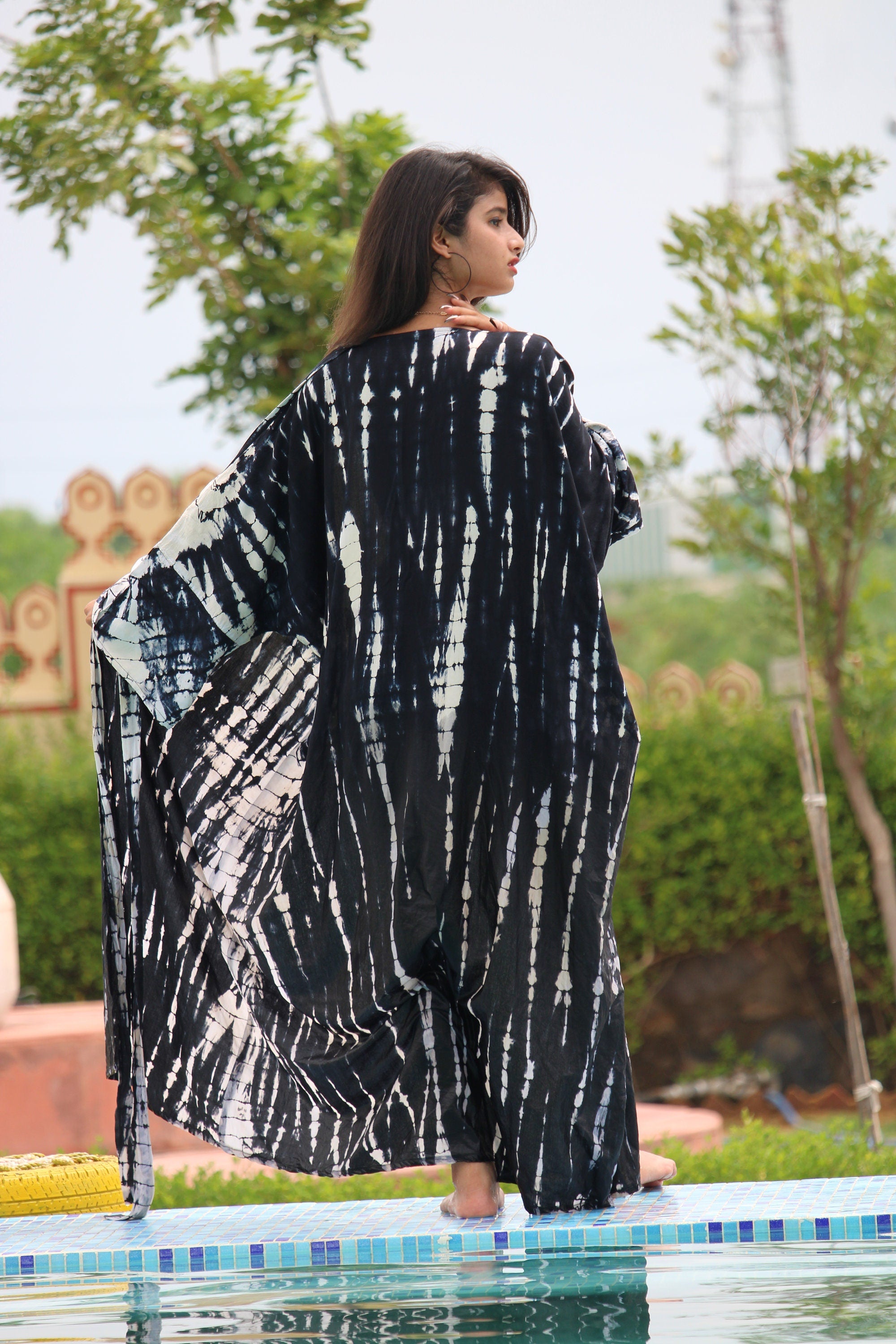 Tie Dye Rayon Kaftan Dress: Long Sleeve Kimono