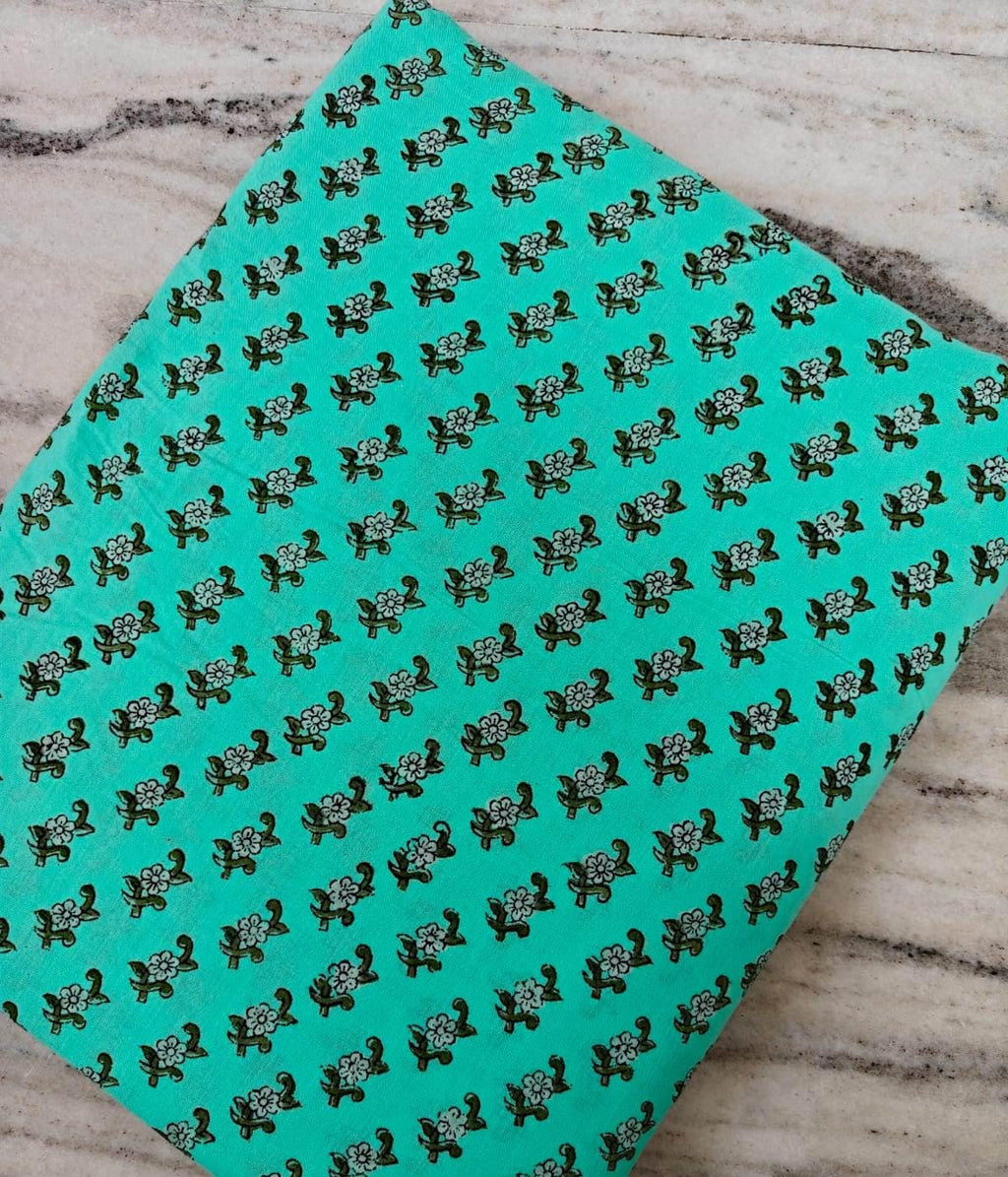 Hand Block Printed Cotton Fabric, Turquoise Small Floral Buti Print, Indian Cotton Fabric, Soft Lightweight Fabric for Dressmaking Quilting