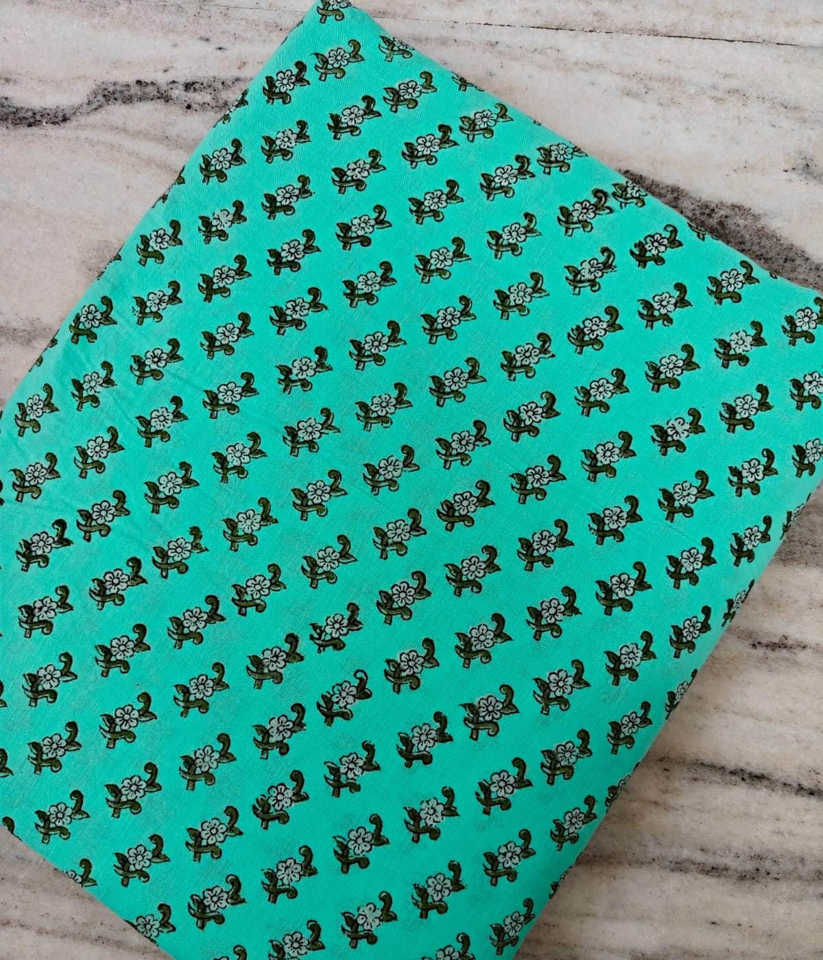 Hand Block Printed Cotton Fabric, Turquoise Small Floral Buti Print, Indian Cotton Fabric, Soft Lightweight Fabric for Dressmaking Quilting