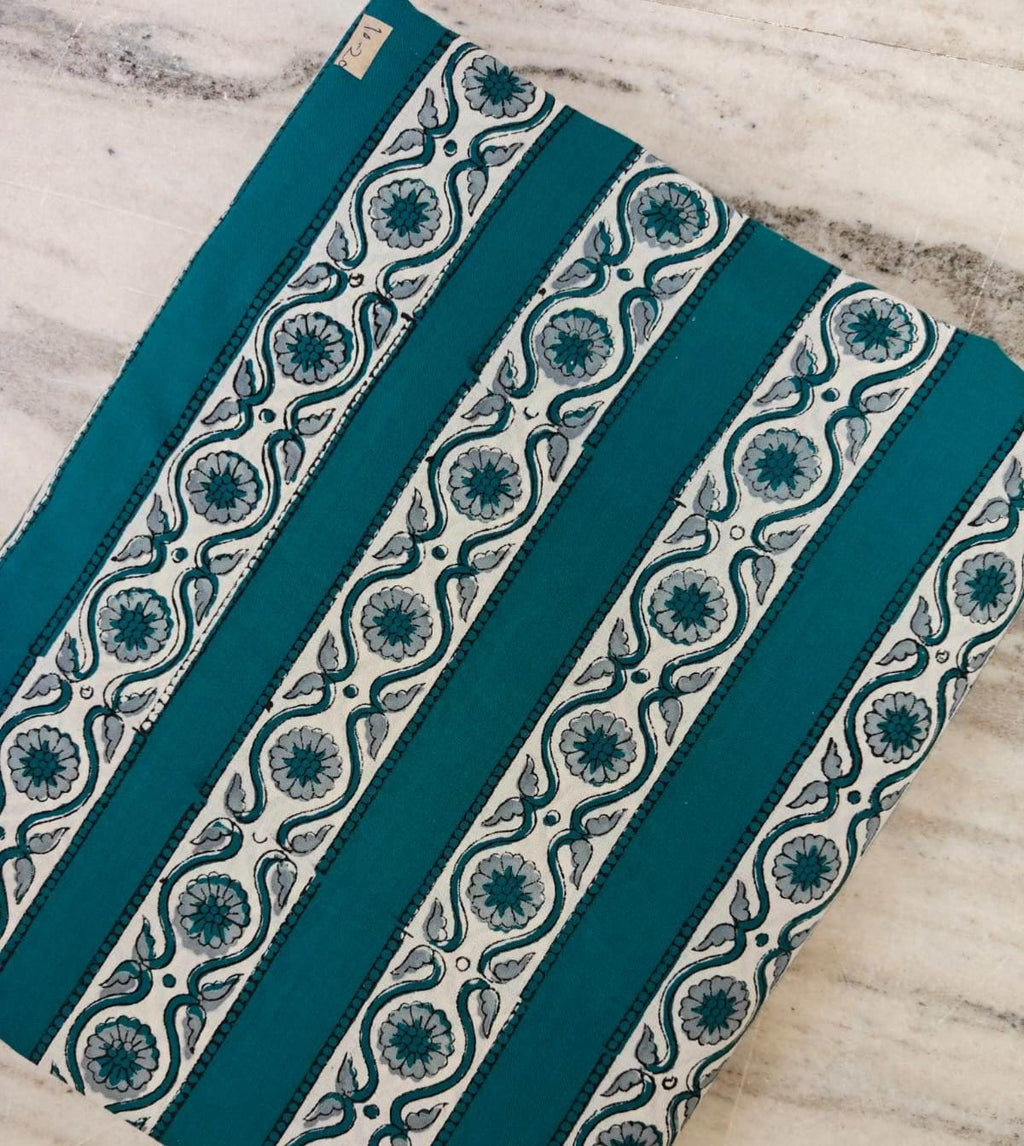 Teal Floral Stripe Cotton Fabric, Block Print Style Fabric, Indian Floral Fabric by the Yard, Quilting Craft Fabric, Boho Home Decor Textile