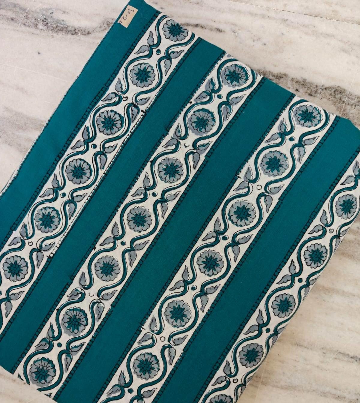 Teal Floral Stripe Cotton Fabric, Block Print Style Fabric, Indian Floral Fabric by the Yard, Quilting Craft Fabric, Boho Home Decor Textile