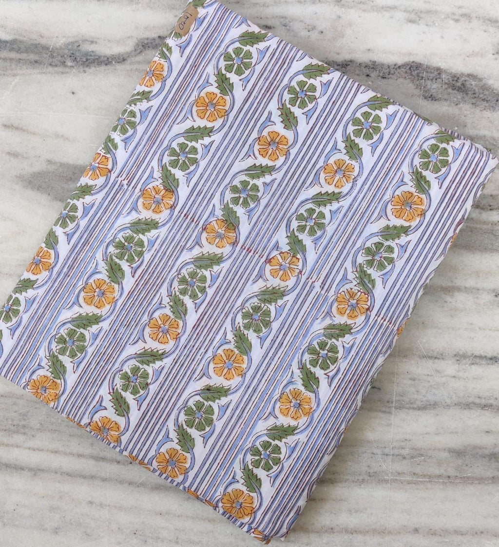 White Cotton Fabric with Yellow Green Floral Stripes, Hand Block Print Fabric by the Yard, Soft Indian Cotton for Quilting, Dressmaking