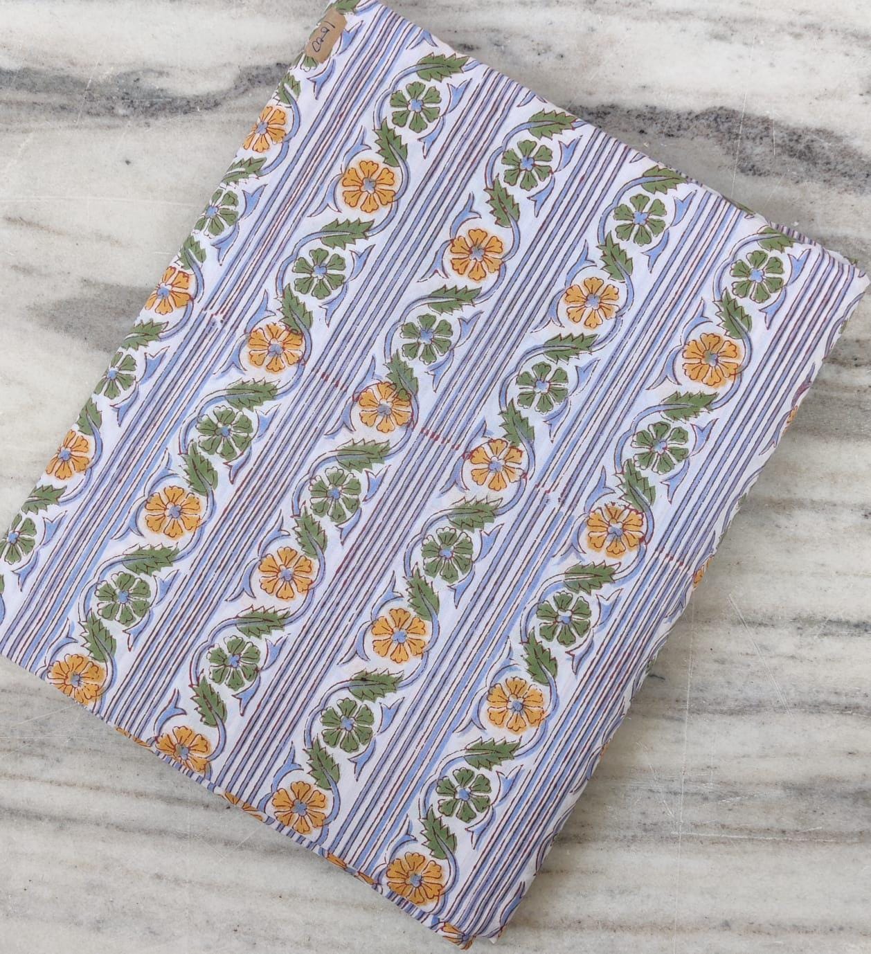 White Cotton Fabric with Yellow Green Floral Stripes, Hand Block Print Fabric by the Yard, Soft Indian Cotton for Quilting, Dressmaking
