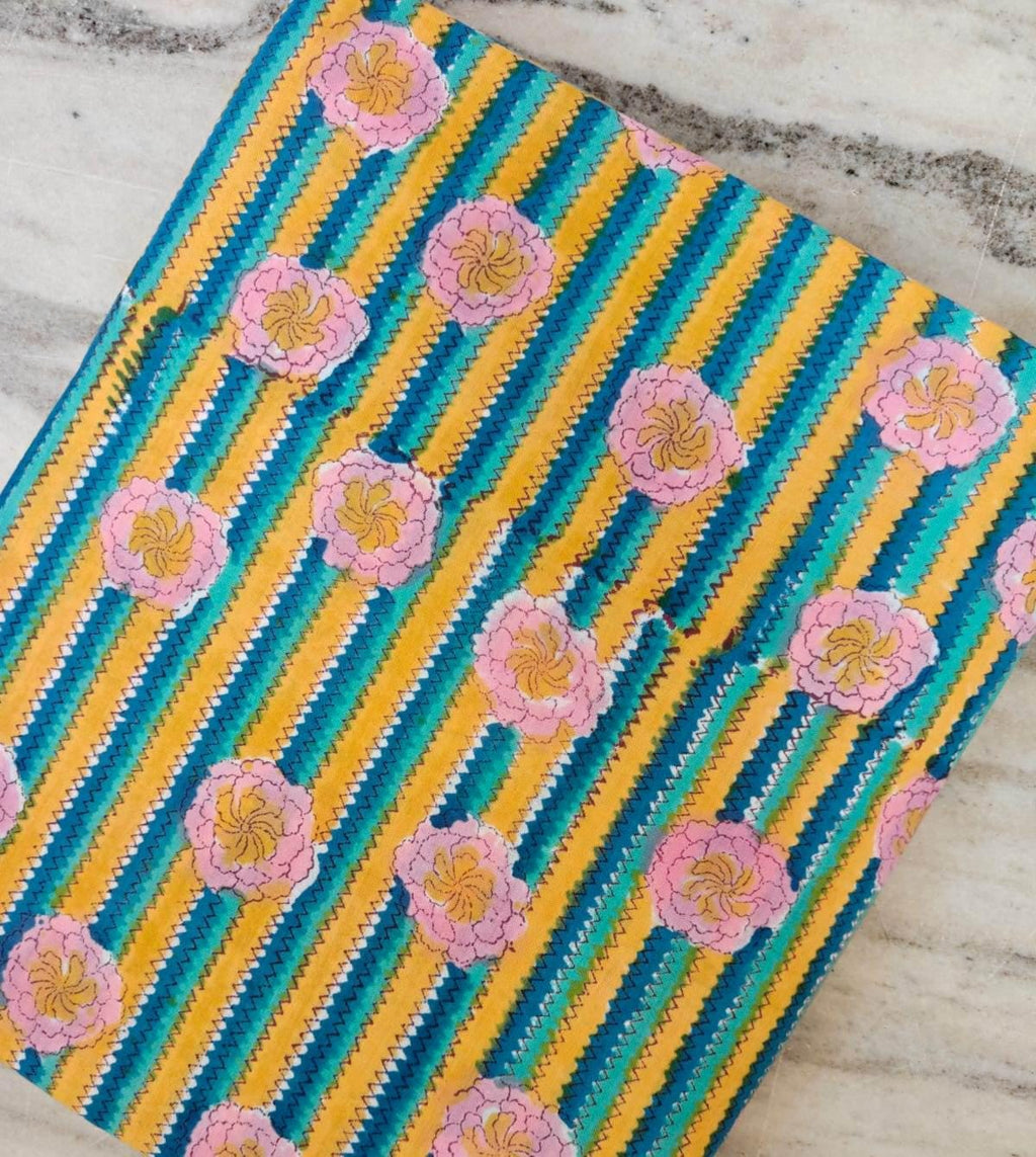 Floral Striped Cotton Fabric, Pink Flower Block Print Fabric, Teal Yellow Cotton Fabric by Yard, Indian Hand Block Fabric, Quilting Fabric