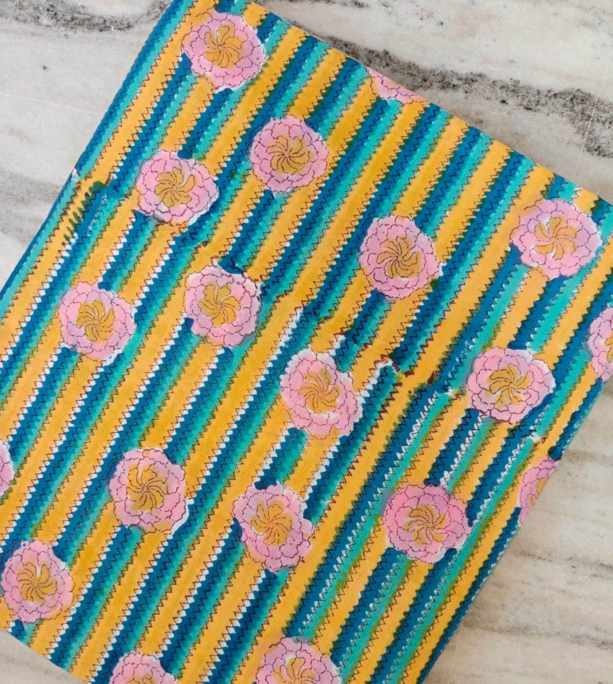 Floral Striped Cotton Fabric, Pink Flower Block Print Fabric, Teal Yellow Cotton Fabric by Yard, Indian Hand Block Fabric, Quilting Fabric