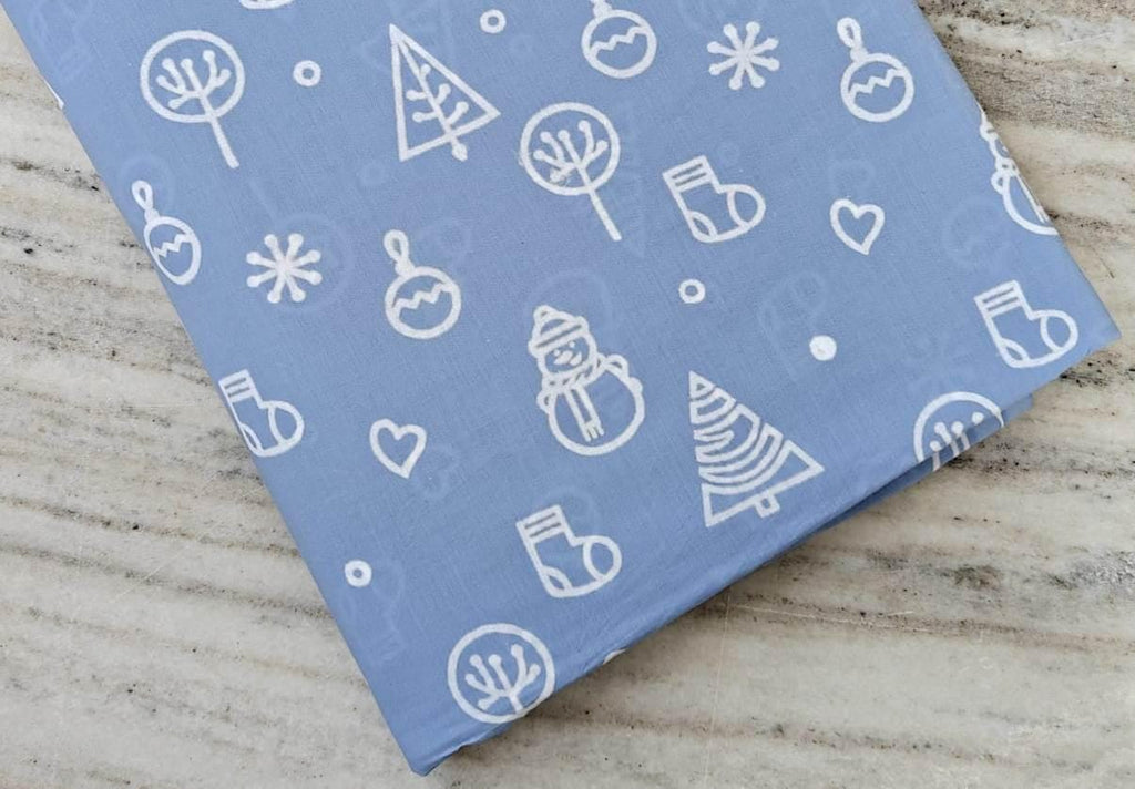 Blue Christmas Cotton Fabric, Holiday Print with Snowman, Tree & Ornaments, Winter Quilting, Sewing, Dressmaking Craft Material by the Yard