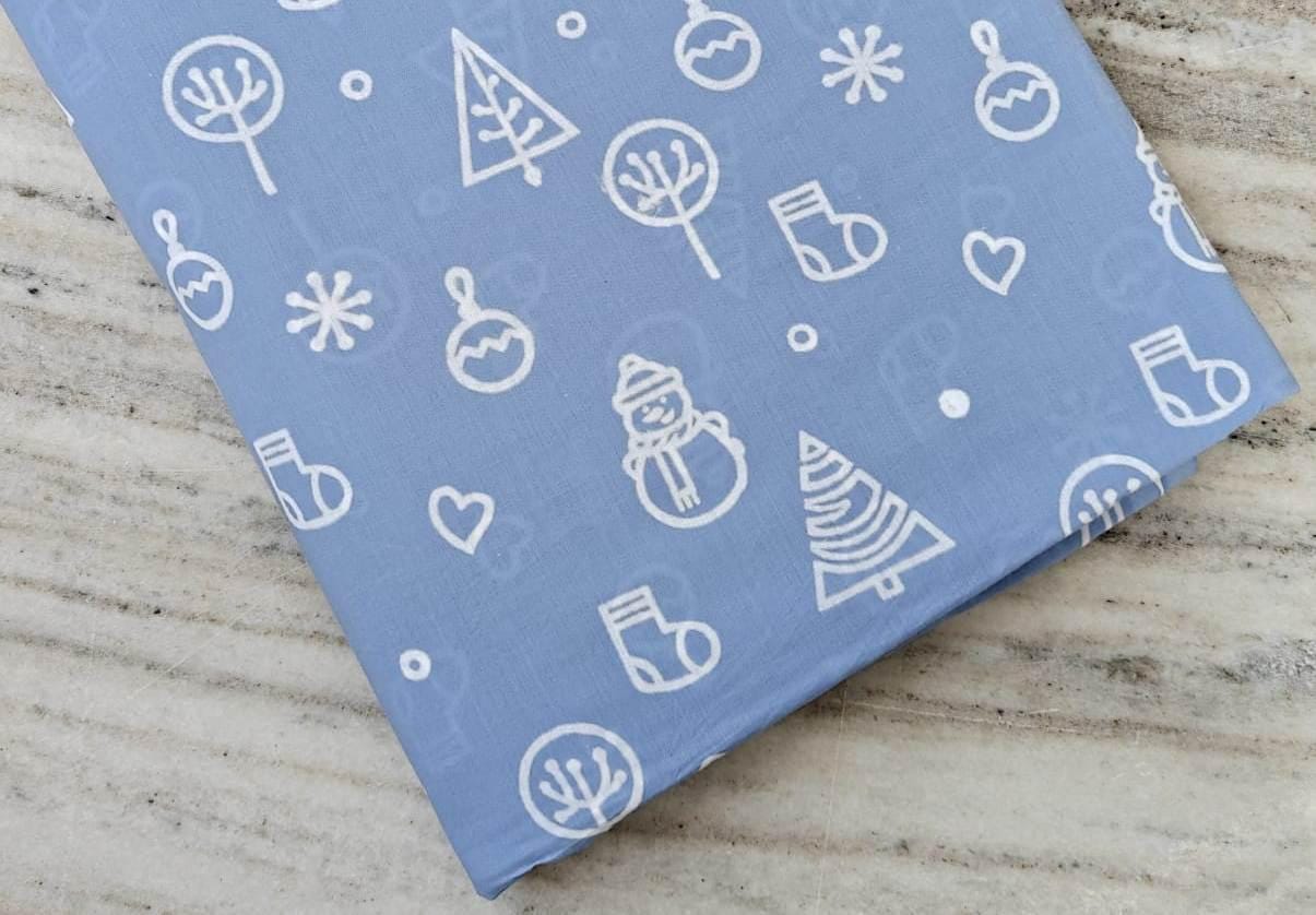 Blue Christmas Cotton Fabric, Holiday Print with Snowman, Tree & Ornaments, Winter Quilting, Sewing, Dressmaking Craft Material by the Yard
