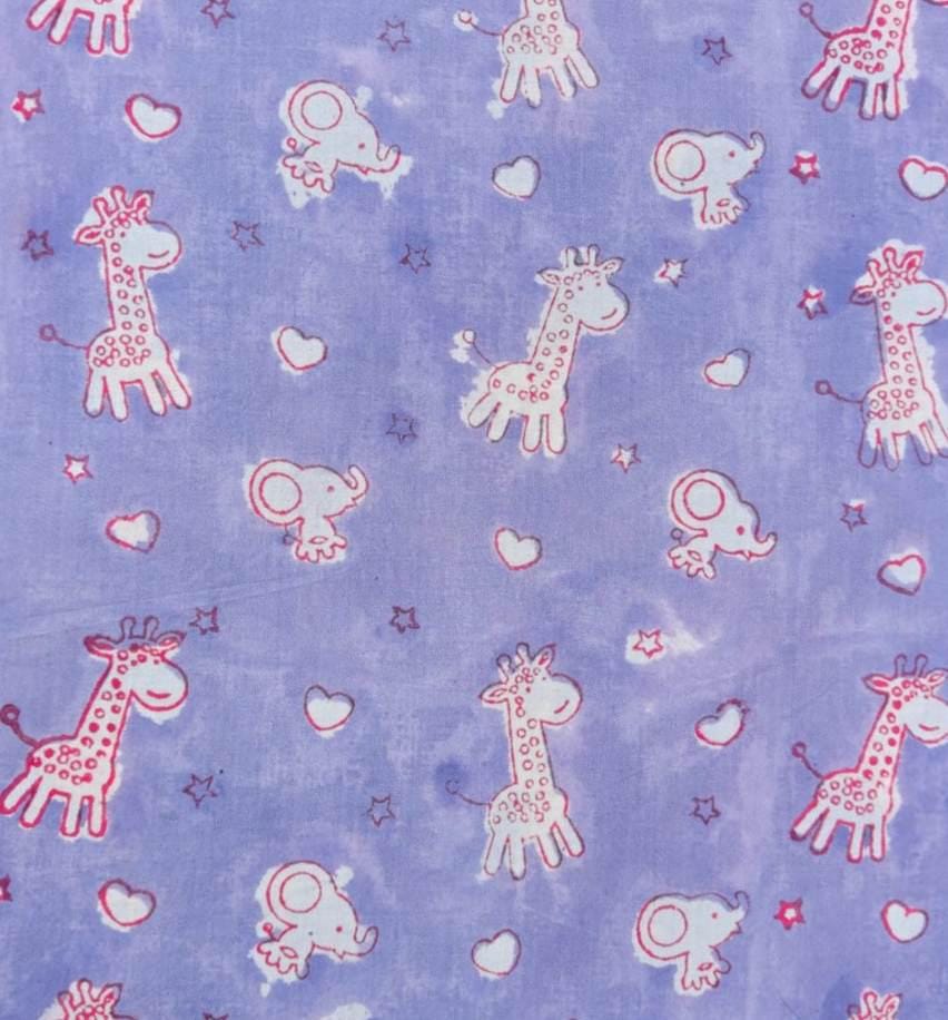 Purple Baby Animal Cotton Fabric, Cute Giraffe Elephant Print, Kids Nursery Fabric, Cartoon Animal Textile, Quilting Sewing Craft Fabric