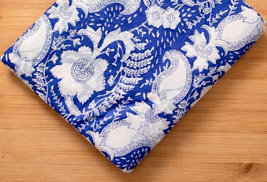 Indian Hand Block Blue White Floral Printed Cotton Fabric By The Yard, Running Cotton Fabric, Soft Lightweight Fabric, Loose Running Fabric