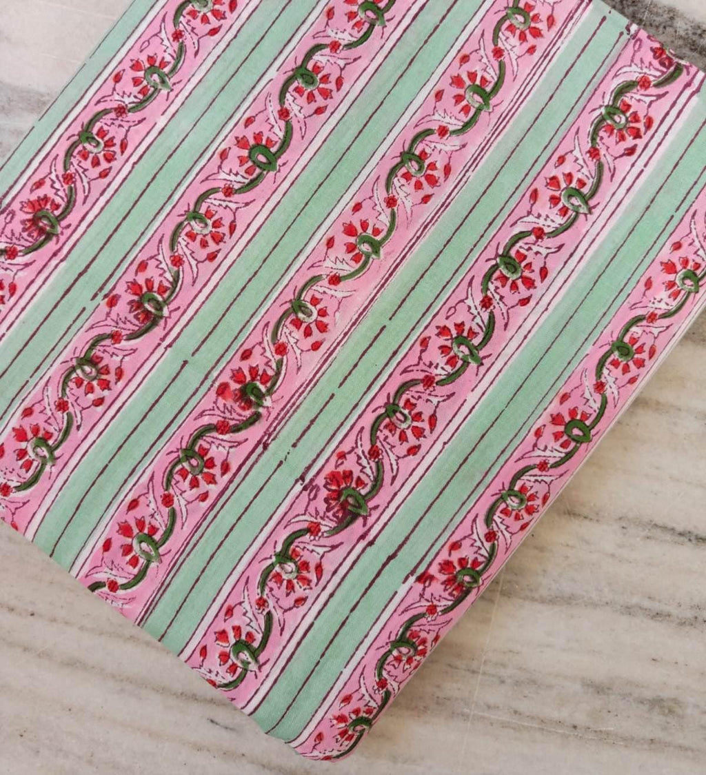 Pink & Mint Green Floral Stripe Cotton Fabric, Hand Block Print Indian Cotton by the Yard, Boho Vine Print for Dressmaking Quilting, Napkins
