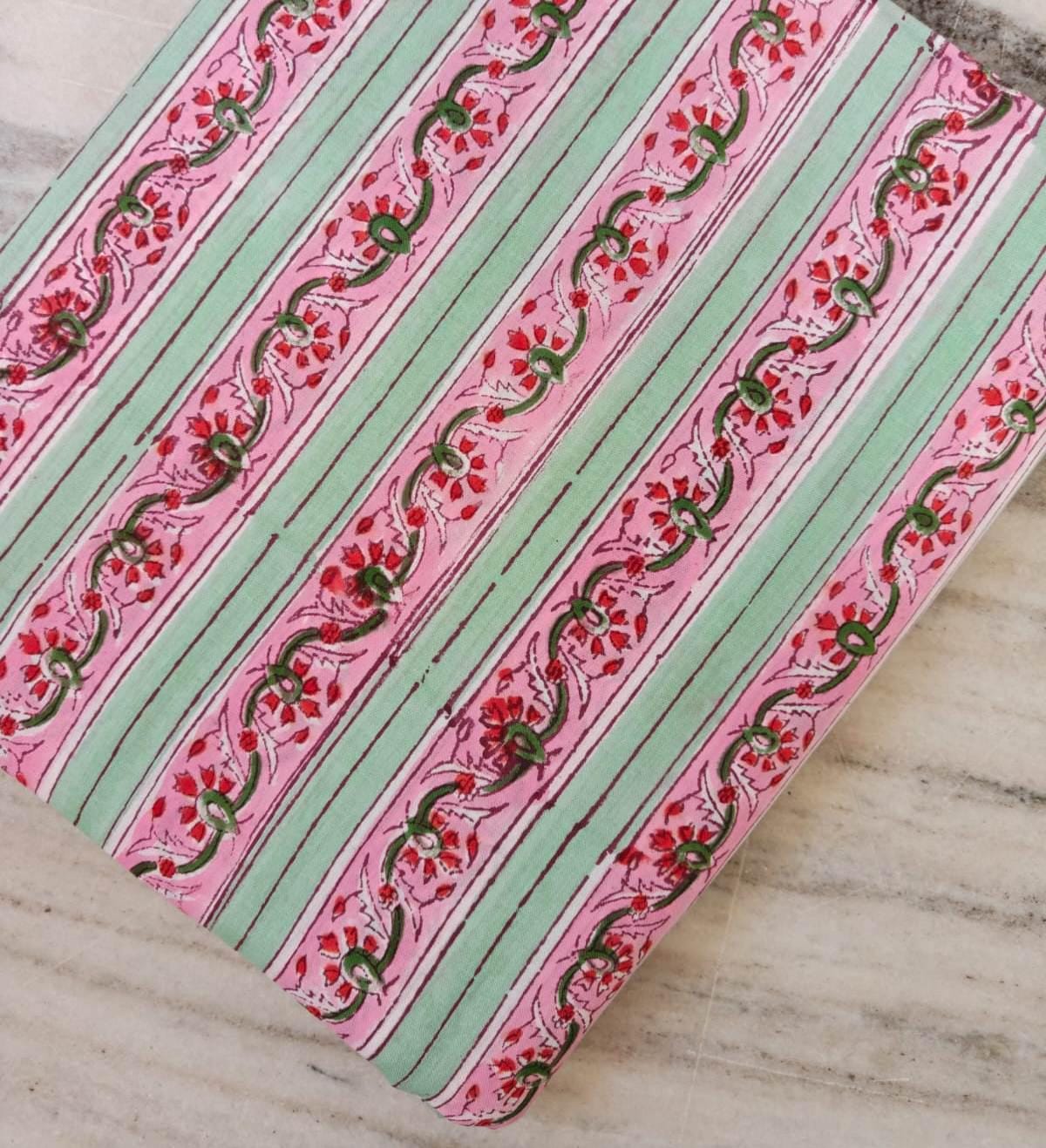 Pink & Mint Green Floral Stripe Cotton Fabric, Hand Block Print Indian Cotton by the Yard, Boho Vine Print for Dressmaking Quilting, Napkins