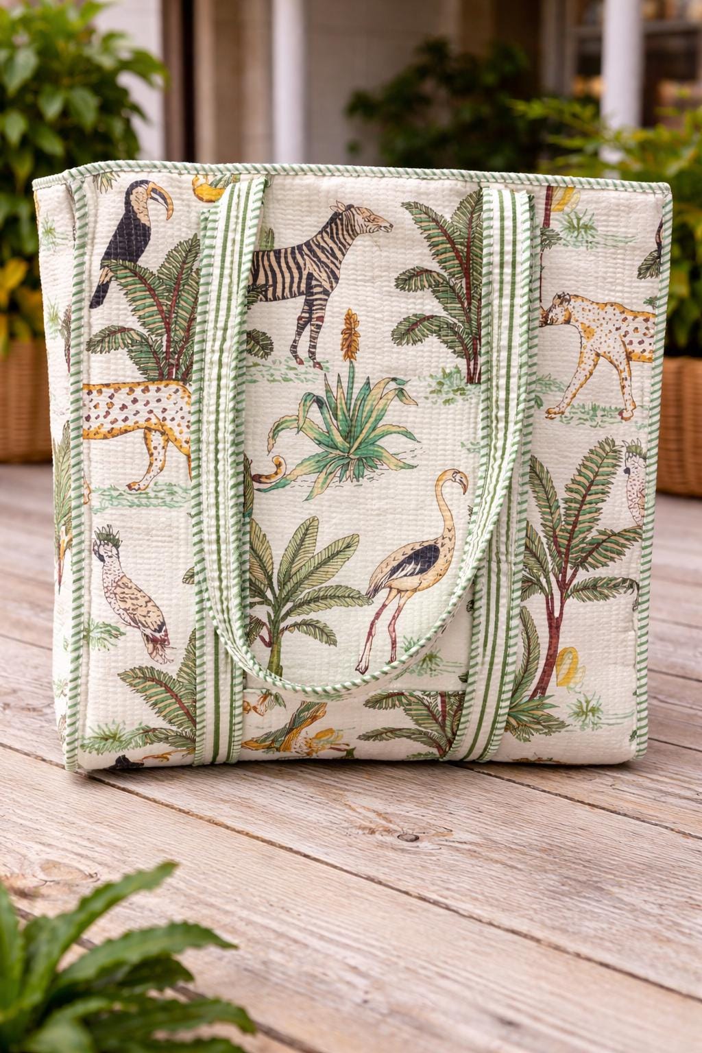 Jungle Print Quilted Tote Bag, Handmade Cotton Block Print Shoulder Bag, Large Fabric Shopper, Reusable Market Bag, Safari Animal Tote