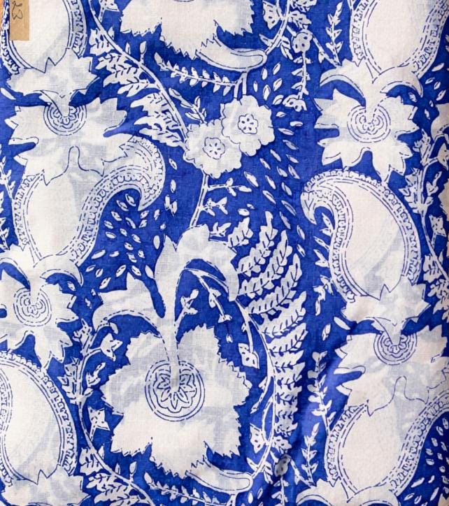 Indian Hand Block Blue White Floral Printed Cotton Fabric By The Yard, Running Cotton Fabric, Soft Lightweight Fabric, Loose Running Fabric