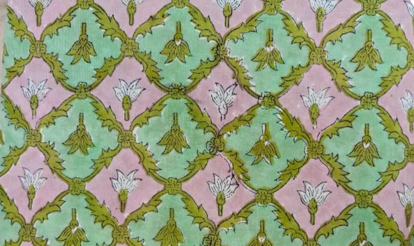 Pastel Floral Block Print Cotton Fabric, Pink Mint Green Indian Hand Block Print Fabric by Yard, Boho Cotton Fabric Quilting Dressmaking