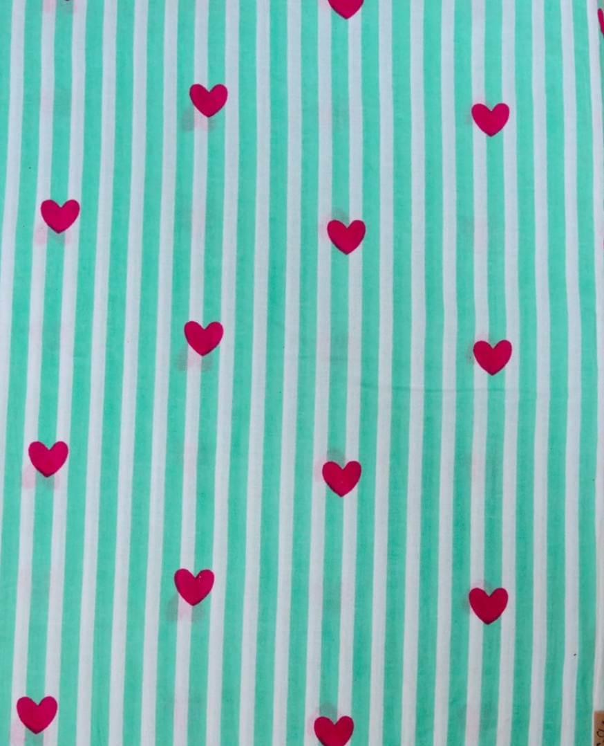 Mint Green Stripe Heart Cotton Fabric, Pink Heart Print Fabric, Vertical Stripe Fabric, Cute Valentine Fabric, Apparel Sewing Fabric, Napkin