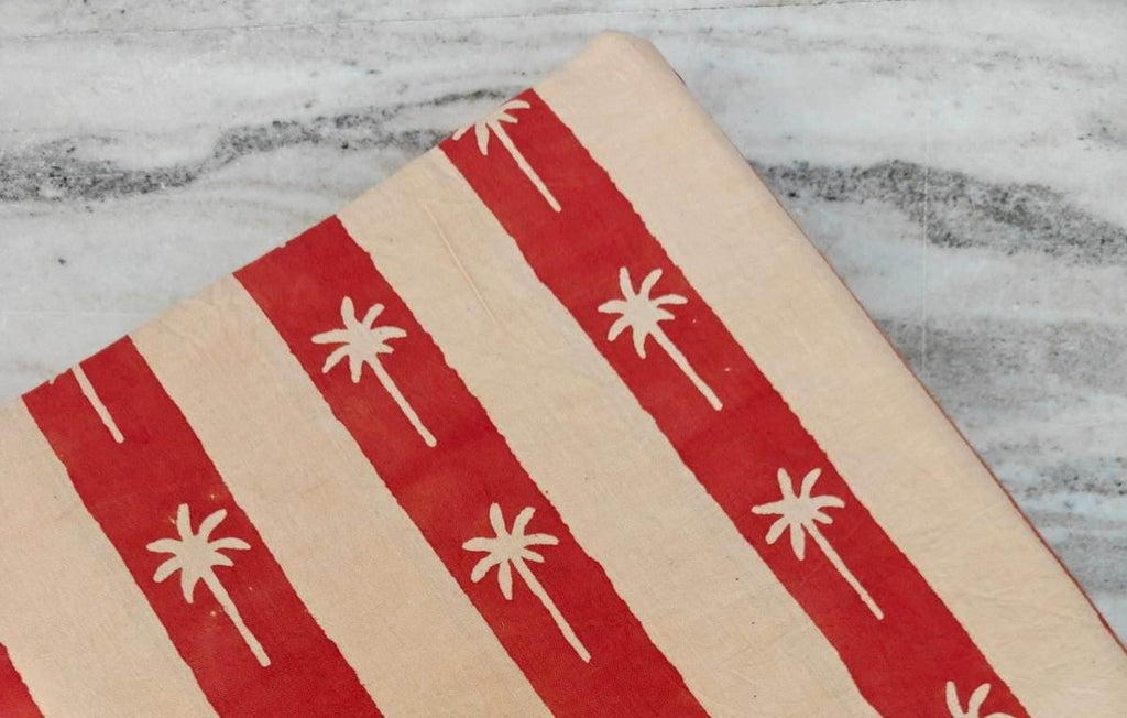 Red Floral Cotton Fabric, Red Green Hand Block Print Fabric By The Yard, Indian Soft Cotton for Quilting, Dressmaking, Loose Running Fabric