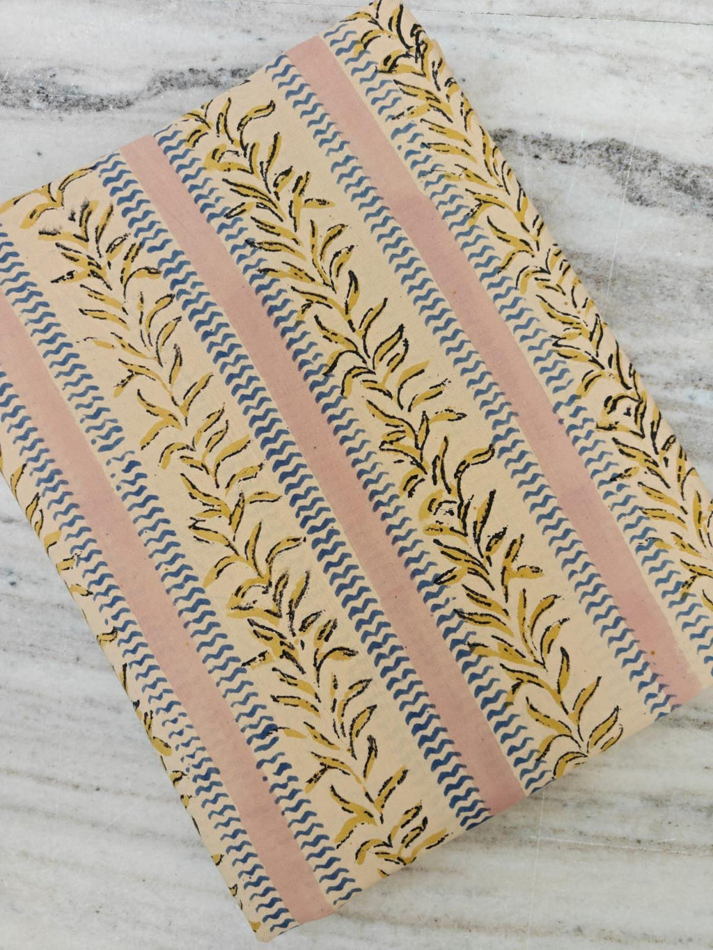 Striped Floral Cotton Fabric, Hand Block Print Fabric, Beige Blue Pink Stripe Fabric, Floral Vine Fabric, Dress Sewing Fabric By The Yard
