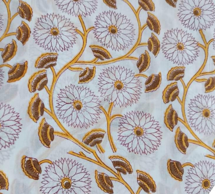 Mustard Floral Cotton Fabric by the Yard | Hand Block Print Fabric | Indian Soft Cotton Material for Sewing, Quilting, Dressmaking & Crafts