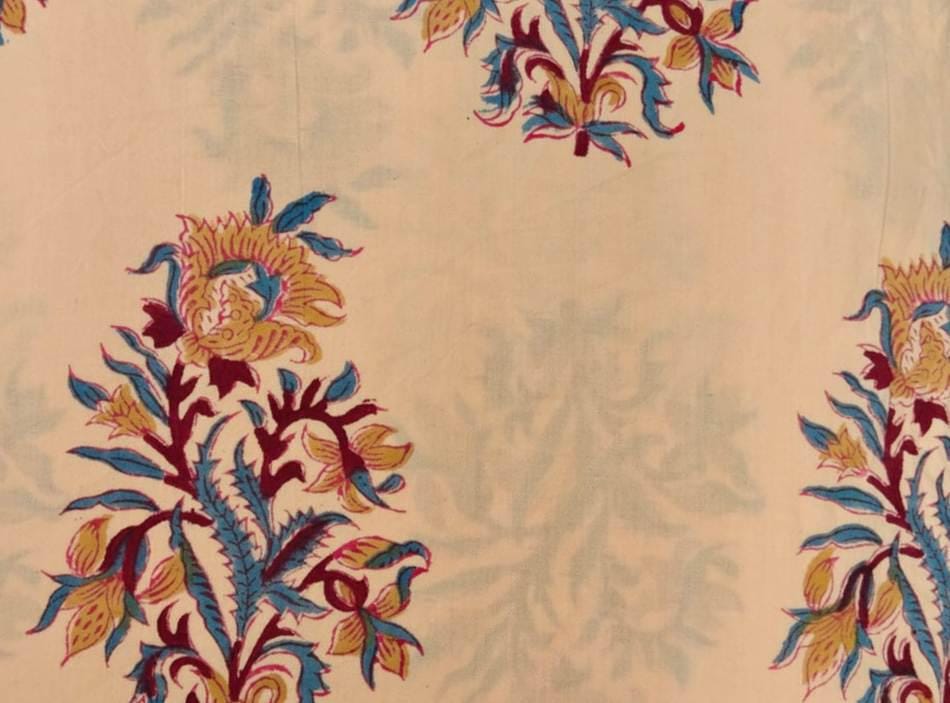 Peach Floral Cotton Fabric by the Yard, Indian Block Print Fabric, Boho Flower Print for Sewing, Quilting & Home Decor, Loose Running Fabric