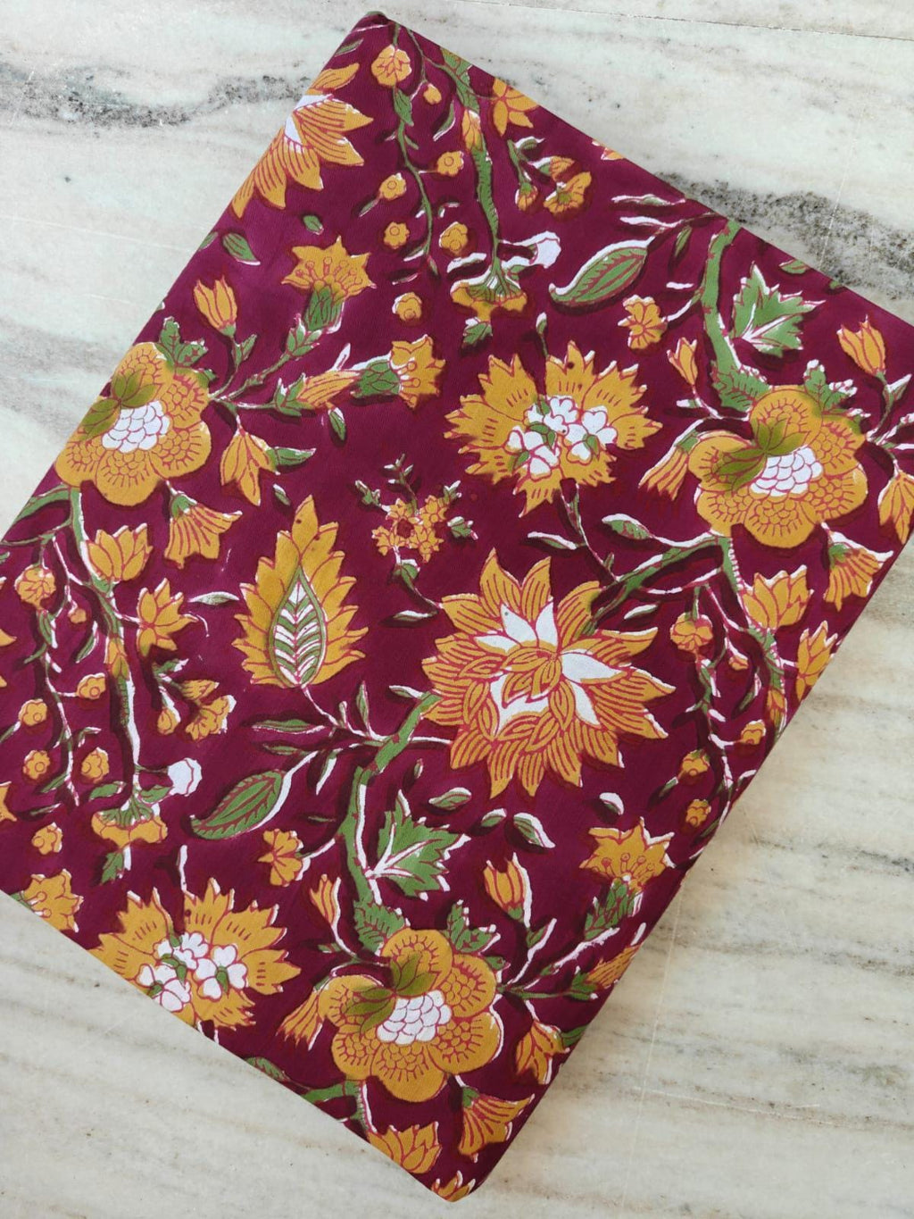 Maroon Yellow & Green Indian Hand Block Print Fabric, 100% Cotton Quilting Fabric By The Yard, Fabric For Dress Making, Loose Running Fabric