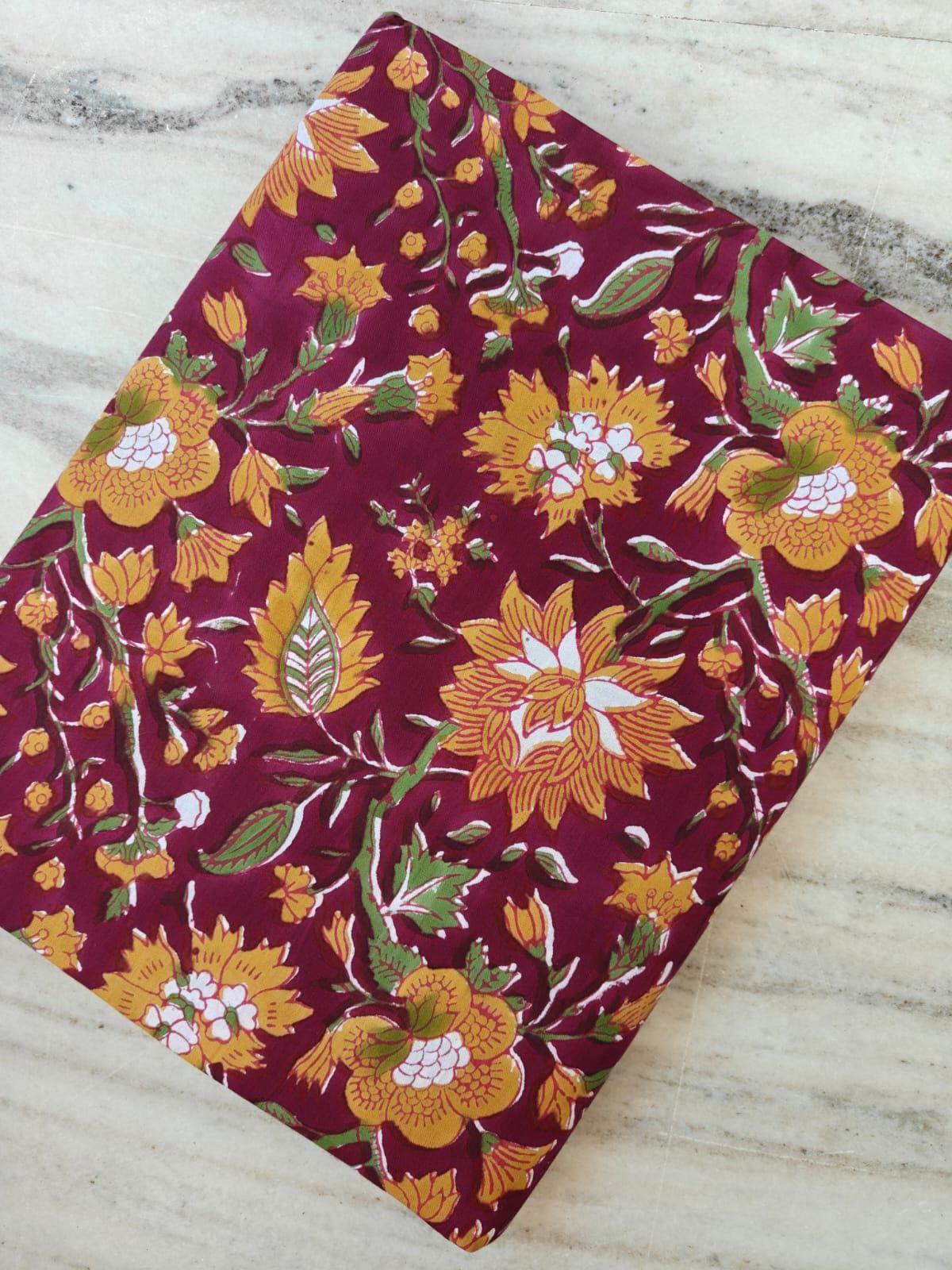 Maroon Yellow & Green Indian Hand Block Print Fabric, 100% Cotton Quilting Fabric By The Yard, Fabric For Dress Making, Loose Running Fabric