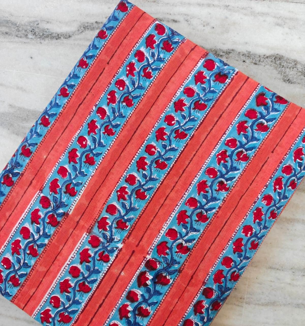 Orange Blue Floral Stripe Fabric, Indian Hand Block Print Fabric, Floral 100% Cotton Quilting Fabric By The Yard, Fabric For Dress Making