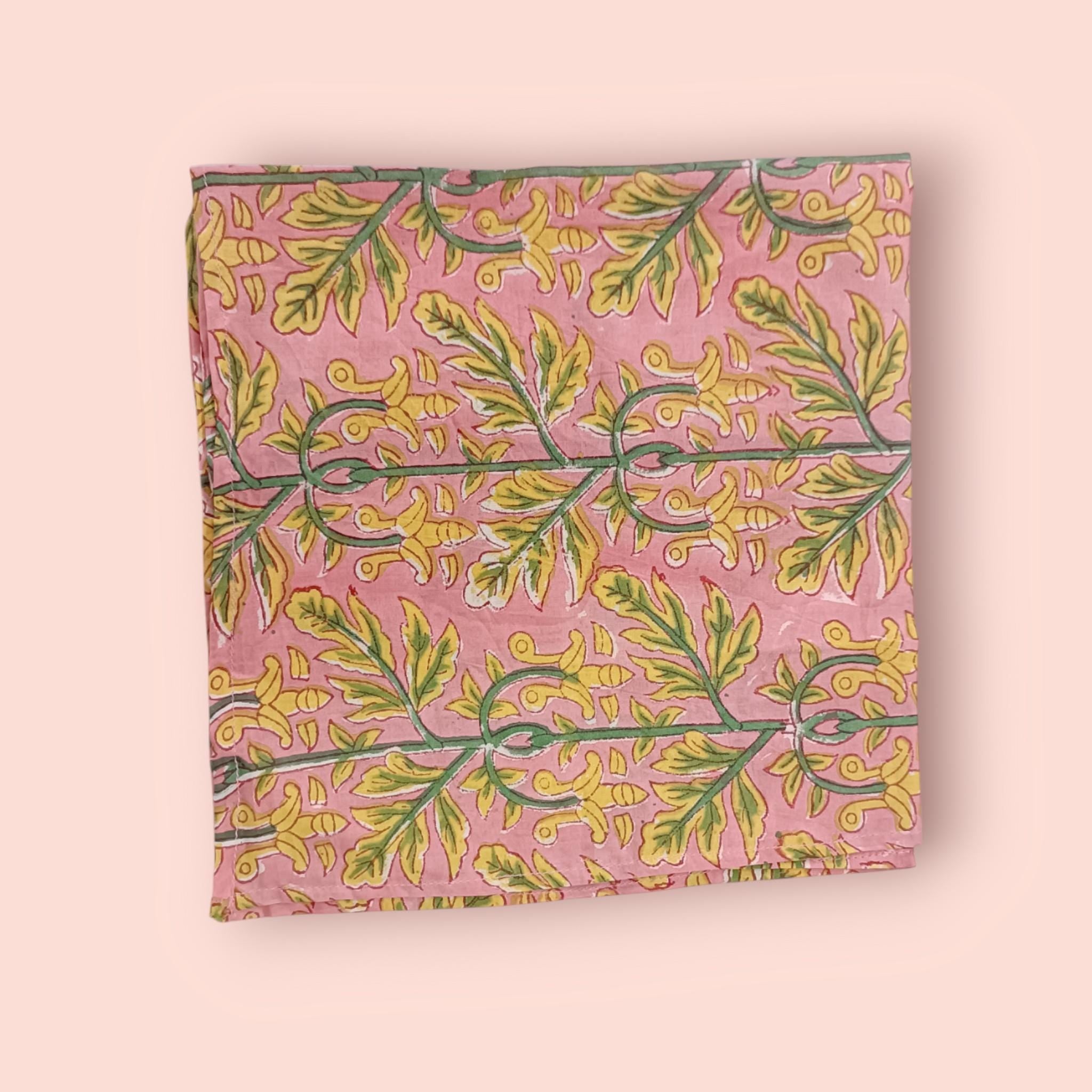 Pink Cotton Napkins with Yellow Green Floral Print | Hand Block Print Cloth Napkins | Reusable Dinner Napkins for Table Decor Dining
