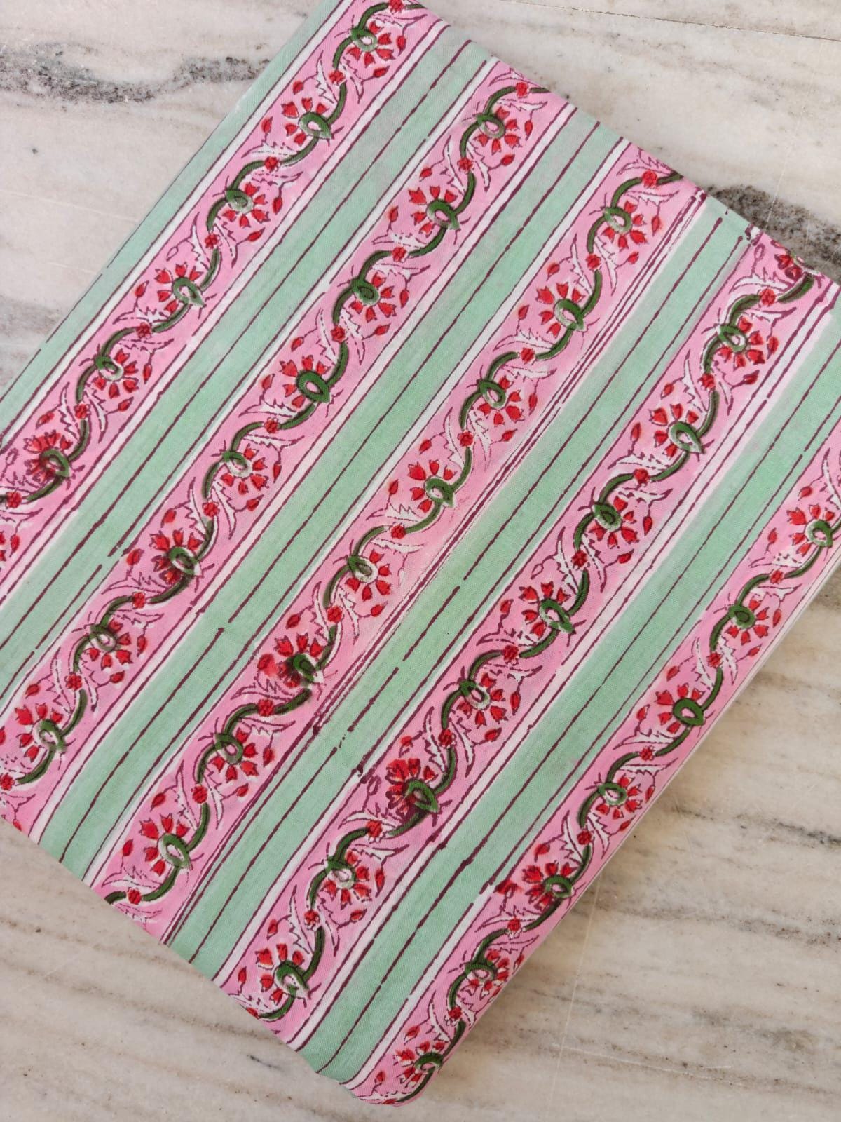 Pink & Mint Green Floral Stripe Cotton Fabric, Hand Block Print Indian Cotton by the Yard, Boho Vine Print for Dressmaking Quilting, Napkins