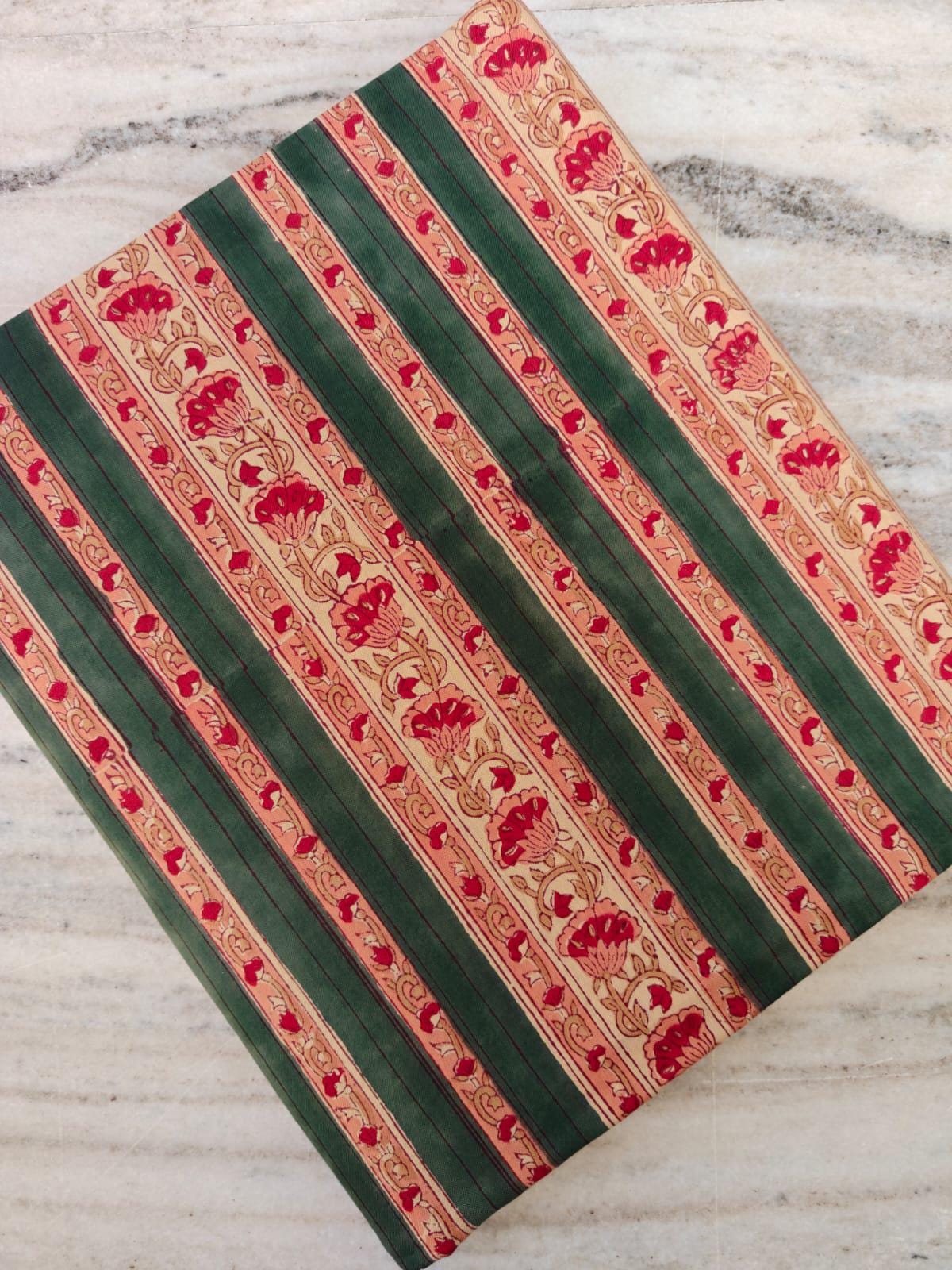Green and Red Floral Striped Cotton Fabric, Traditional Indian Block Print Fabric, Handmade Cotton By The Yard Quilting & Craft Projects