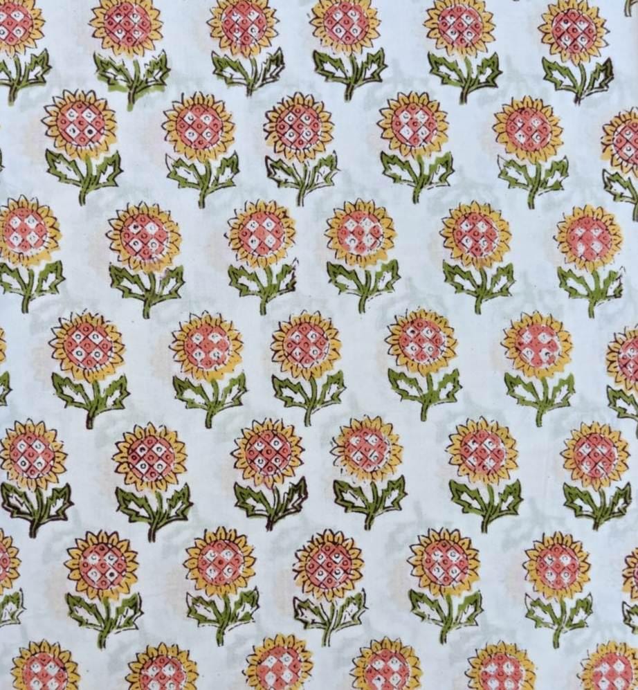 White Sunflower Cotton Fabric, Indian Block Print Floral Fabric, Yellow Pink Flower Cotton Fabric by Yard Quilting Sewing Dressmaking Fabric