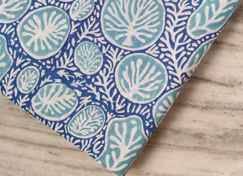 Blue Aqua Coral Print Cotton Fabric by the Yard, Ocean Sea Life Pattern, Soft Indian Cotton for Quilting, Dressmaking, Loose Running Fabric