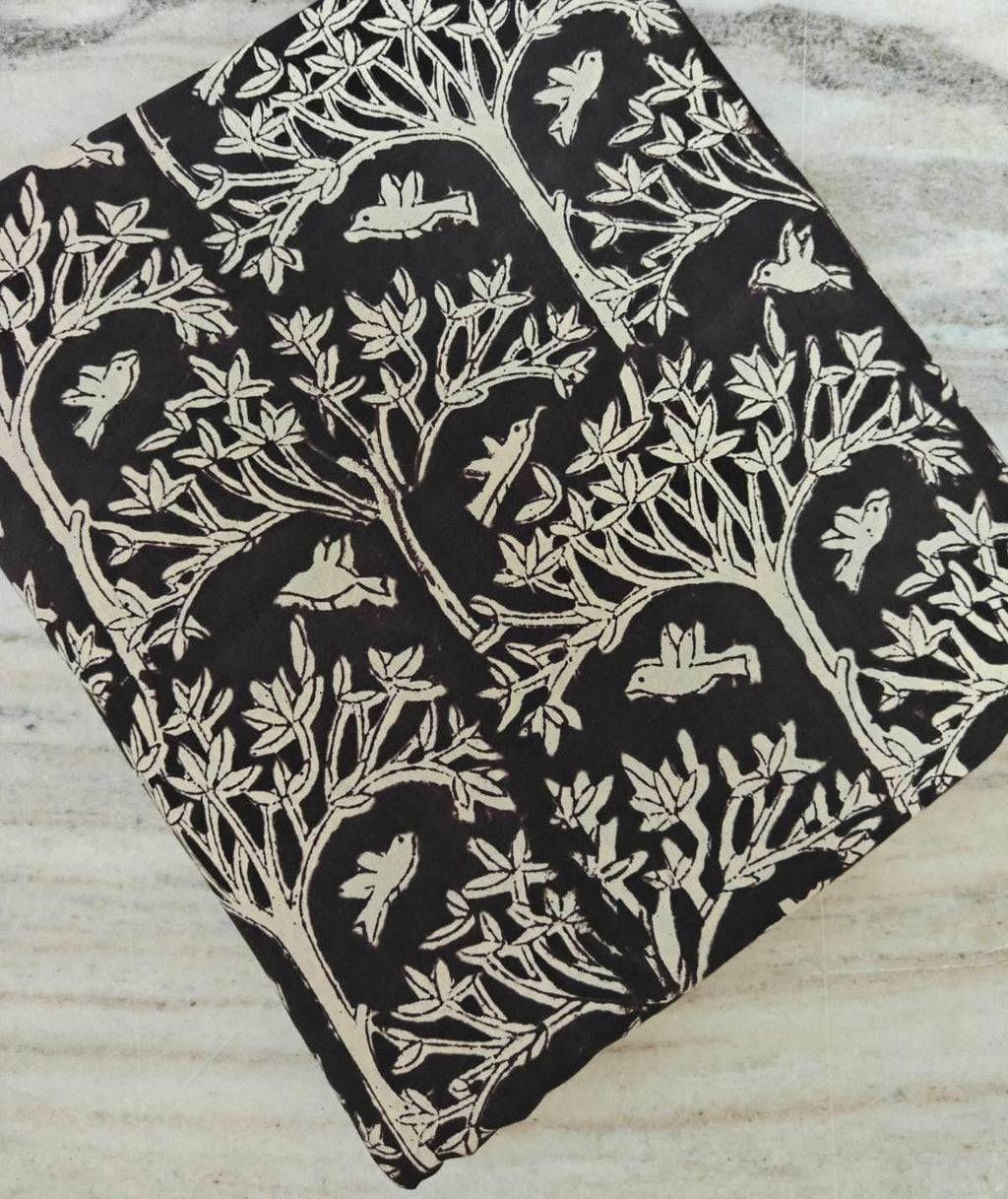 Black and White Cotton Fabric by Yard, Bird Tree Block Print Fabric, Indian Hand Block Cotton, Nature Botanical Fabric for Dressmaking