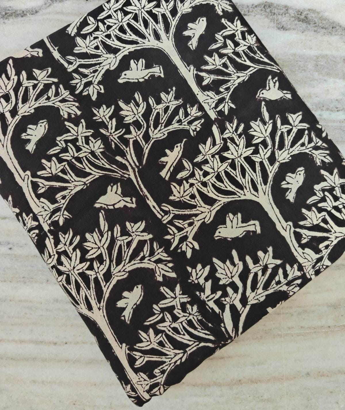 Black and White Cotton Fabric by Yard, Bird Tree Block Print Fabric, Indian Hand Block Cotton, Nature Botanical Fabric for Dressmaking