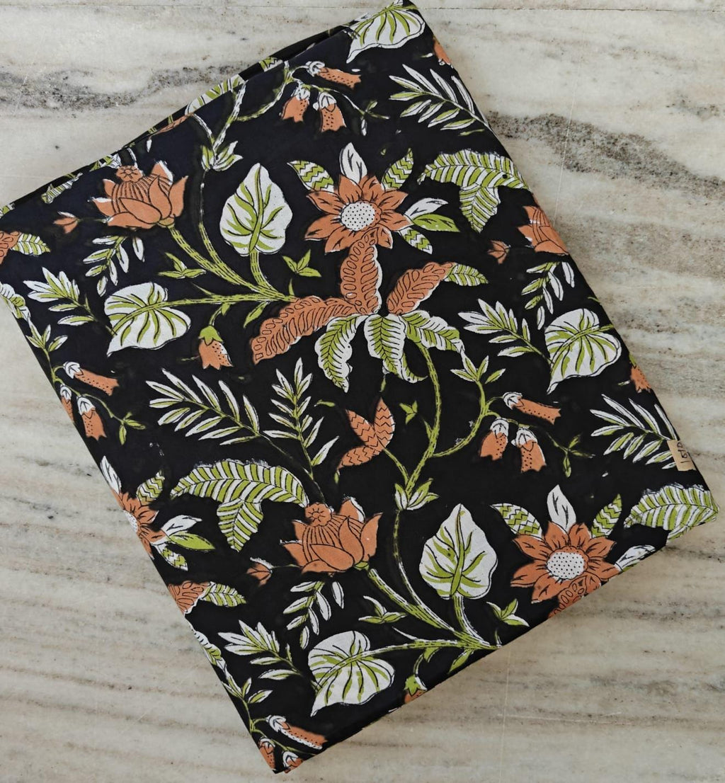 Black Floral Cotton Fabric by the Yard, Earthy Botanical Print, Brown & Green Block Print Style, Boho Dressmaking Quilting Fabric, Running