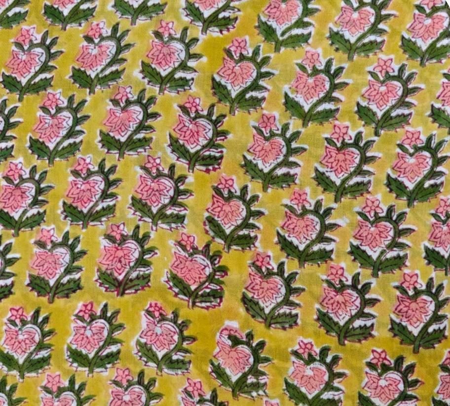 Yellow Floral Cotton Fabric, Hand Block Print Fabric, Pink Green Flower Print, Indian Cotton Textile, Sewing Craft Fabric, Summer Dress