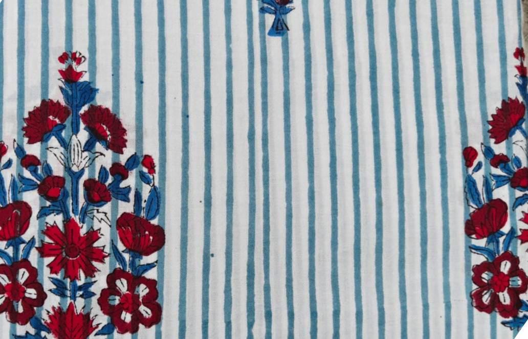 Striped Floral Cotton Fabric, White Blue Stripes with Red Flower Hand Block Print, Indian Cotton Fabric by the Yard for Sewing, Dressmaking
