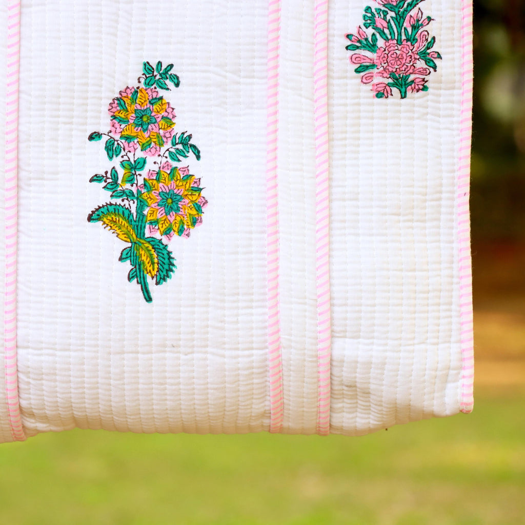 Hand Block White Cotton Floral Block Print Shoulder Bag, Handmade Quilted Tote Bag, Quilted Tote Bag, Indian Bags Shopping Bags, Women's Bag