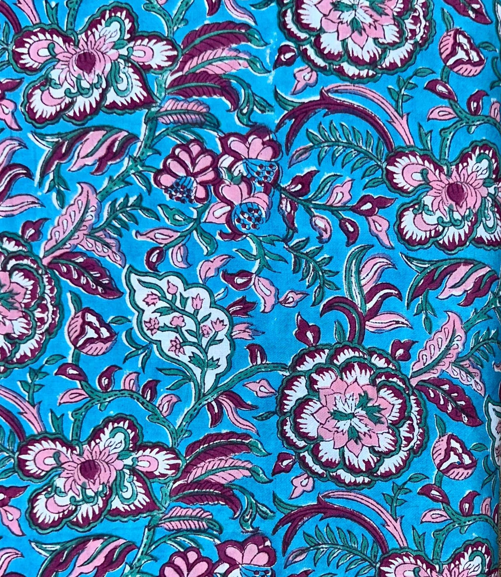 Turquoise Floral Cotton Fabric by the Yard | Pink Hand Block Print Indian Cotton for Quilting, Sewing & Dressmaking | Napkins Fabric, Table