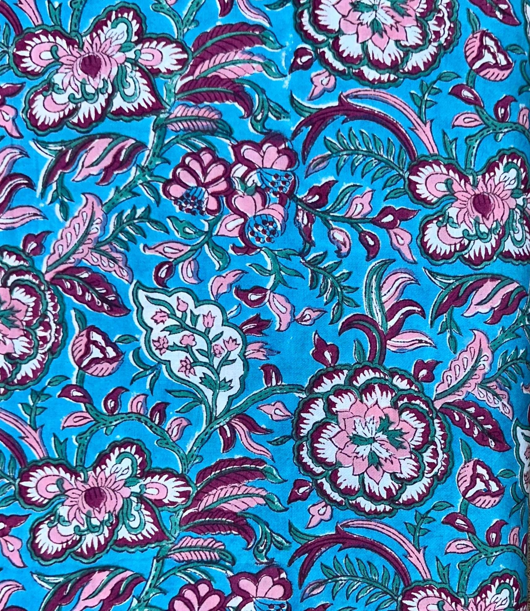 Turquoise Floral Cotton Fabric by the Yard | Pink Hand Block Print Indian Cotton for Quilting, Sewing & Dressmaking | Napkins Fabric, Table