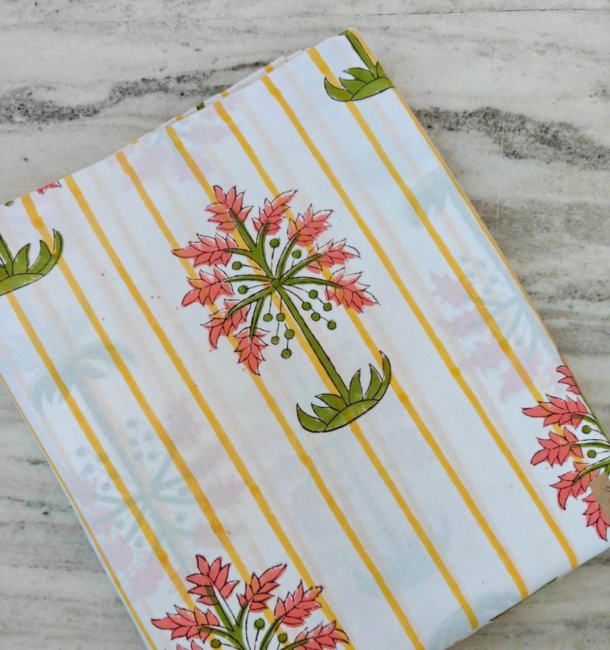 Striped Floral Cotton Fabric, Indian Block Print Cotton Fabric, Pink Flower Yellow Stripe Fabric by Yard, Boho Sewing Quilting Dressmaking